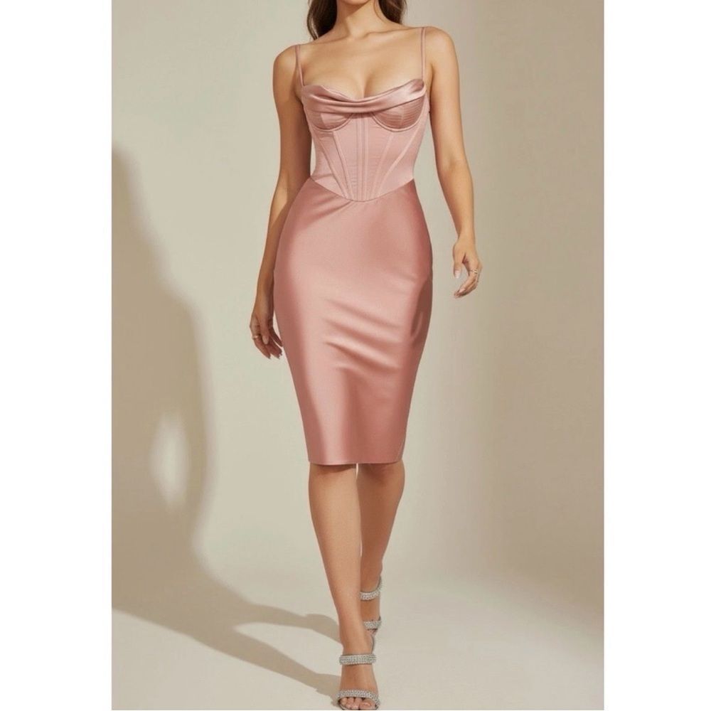 House of CB Myrna Rose Pink Satin Corset Midi Dress XS NWT